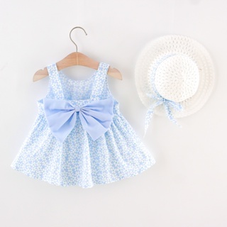 夏季新款白色碎花吊帶女寶寶連衣裙甜美蝴蝶結無袖童裝+帽子(0-3歲)