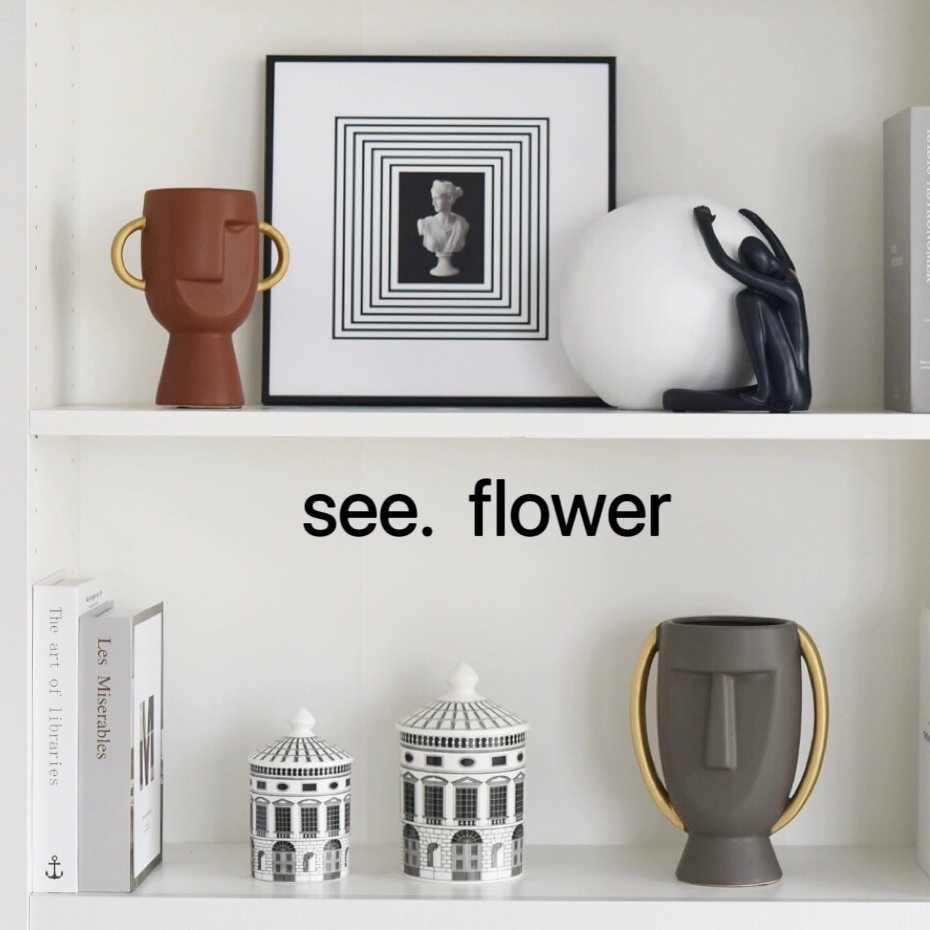 【SEE✿ FLOWER】輕奢陶瓷人頭像面具人花瓶花插餐桌擺件客廳插花裝飾品擺設 現代樣板間客廳陳列軟裝飾品個性藝術人臉