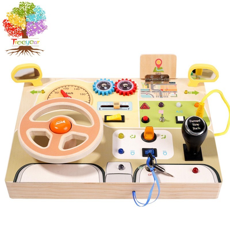 【樹年】兒童早教木質方向盤led燈忙碌板插座開關玩具動手木製玩具