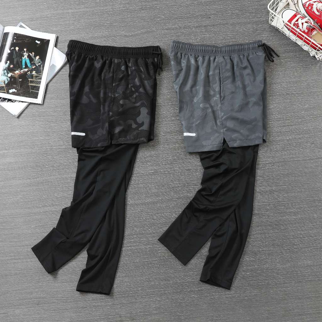 運動褲男士跑步速乾健身褲訓練褲連身假兩件套裝長褲