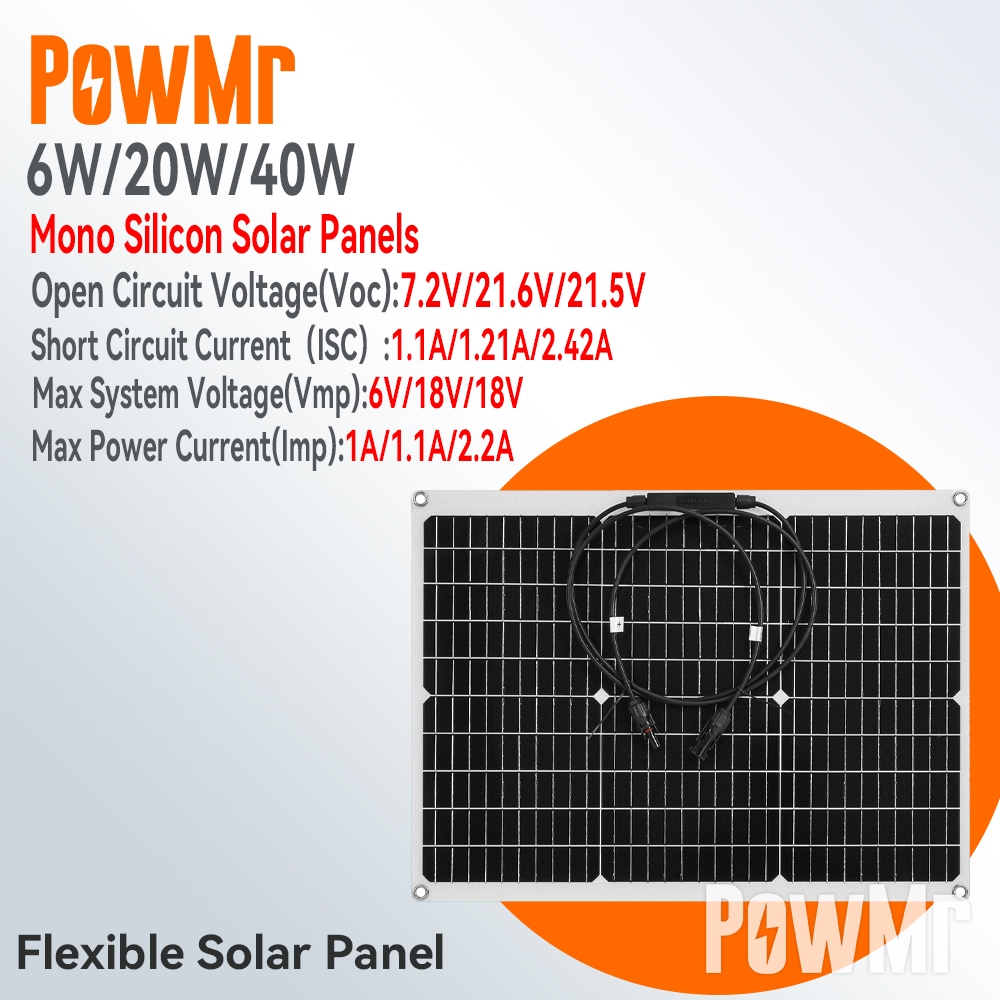 Powmr 6W/20W/40W 太陽能電池板柔性單晶太陽能電池 DIY 電纜戶外汽車 RV 防水可充電電源系統