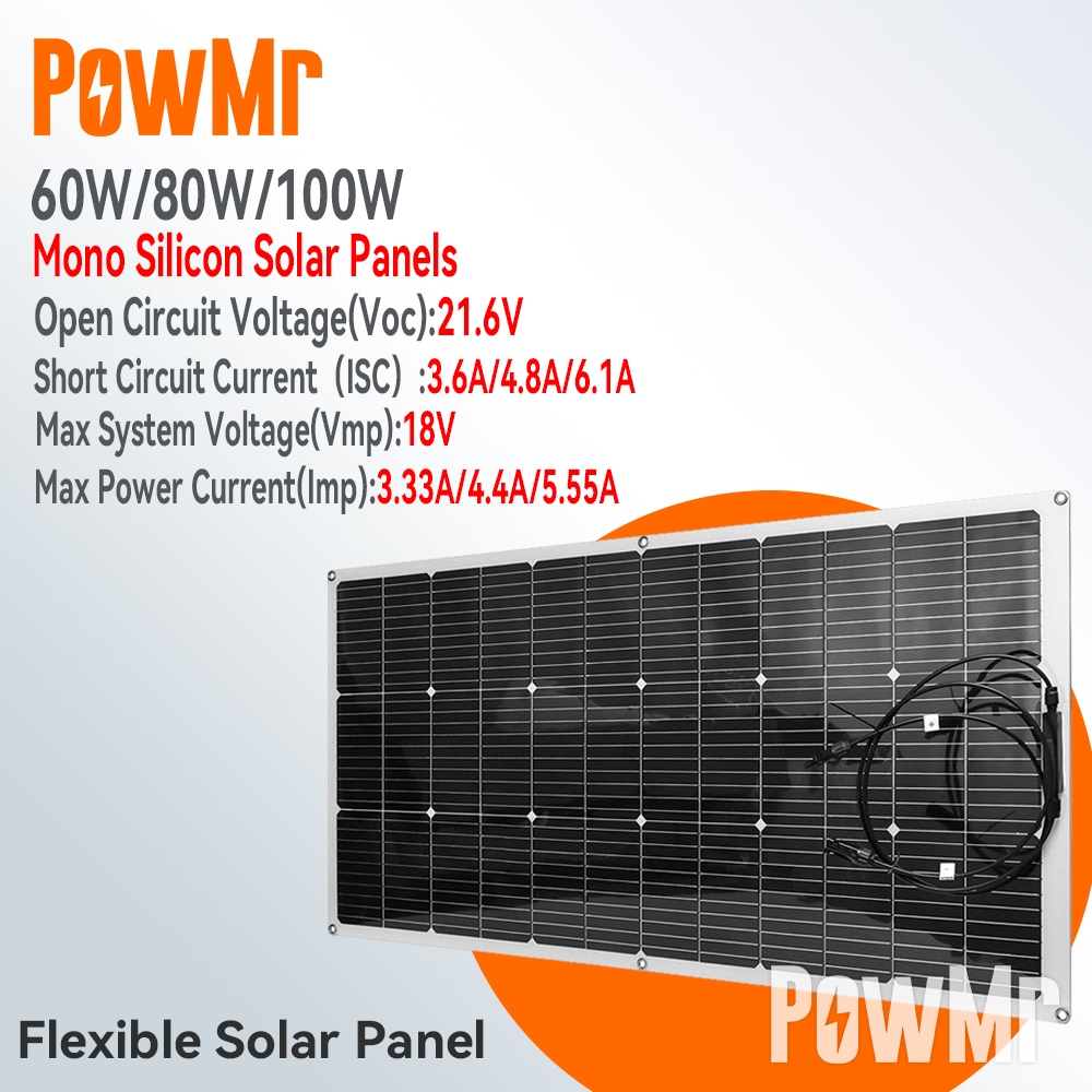 Powmr 50W/80W/100W 太陽能電池板柔性單晶太陽能電池 DIY 電纜戶外汽車 RV 防水可充電電源系統