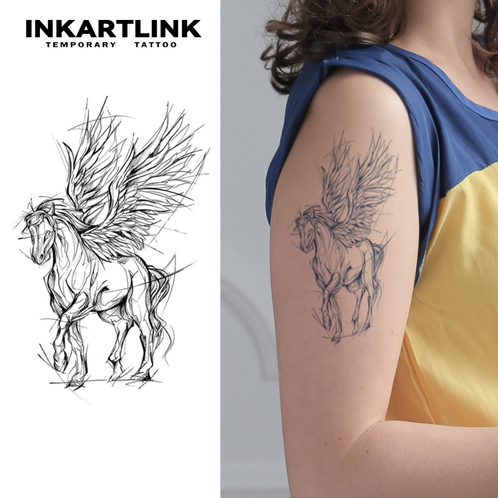 Sketch Pegasus臨時紋身貼,防水持久魔法紋身,持續15天假紋身,半永久紋身。