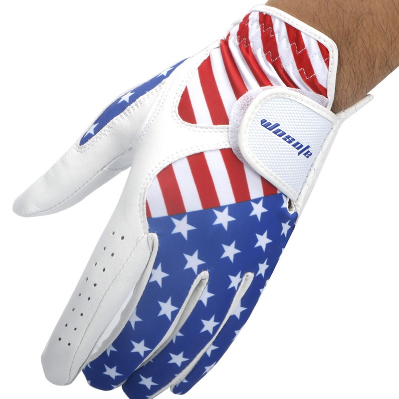 高爾夫手套男士左手萊卡布羊皮舒適耐磨透氣防滑單支美國國旗圖案 ST-M1
