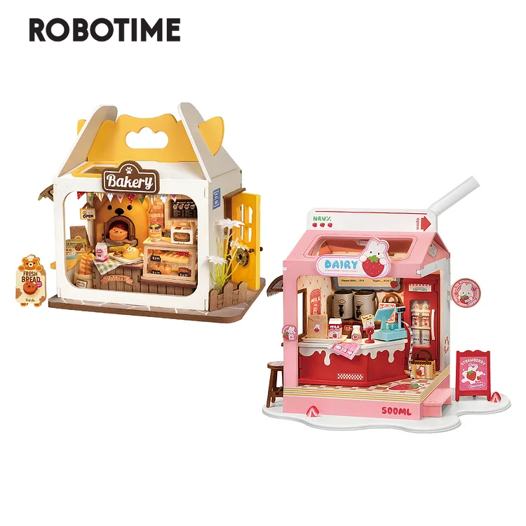 Robotime Rolife Rolife 泰迪麵包盒和草莓牛奶盒食品盒商店 DIY 微型房屋套件木製拼圖書架裝飾禮品