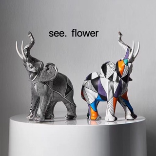 【SEE✿ FLOWER】創意炫彩大象塗鴉小象擺件創意藝術家居裝飾擺設歐式家飾品 水彩印大象擺件客廳玄關電視櫃酒櫃裝飾品