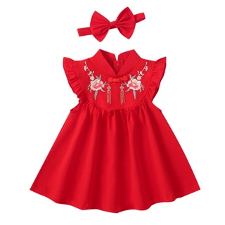 初生嬰兒連體衣女童新年衣服紅色吉祥中式旗袍女童連衣裙