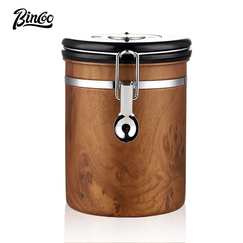 BINCOO 木紋咖啡豆保存罐 不銹鋼收納儲物罐 儲存密封罐 單向排氣養豆罐 1.2L/1.5L