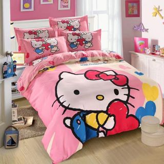 Jiud Hello Kitty 床上用品平床單被套 4 合 1 套單女王尺寸