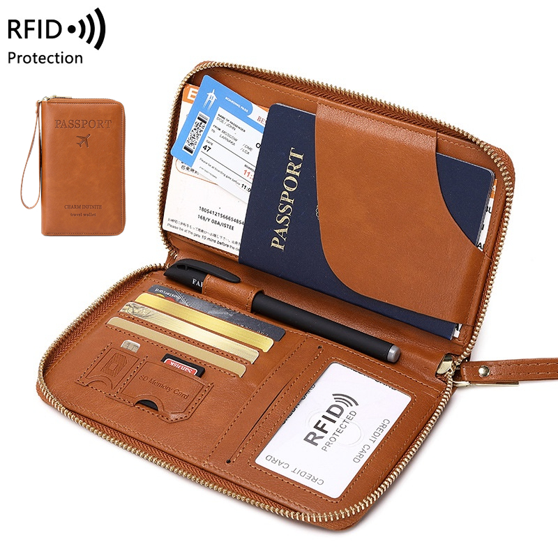 新款RFID錢包 護照包 拉鍊長款錢包 機票收納證件包 多功能旅行護照夾