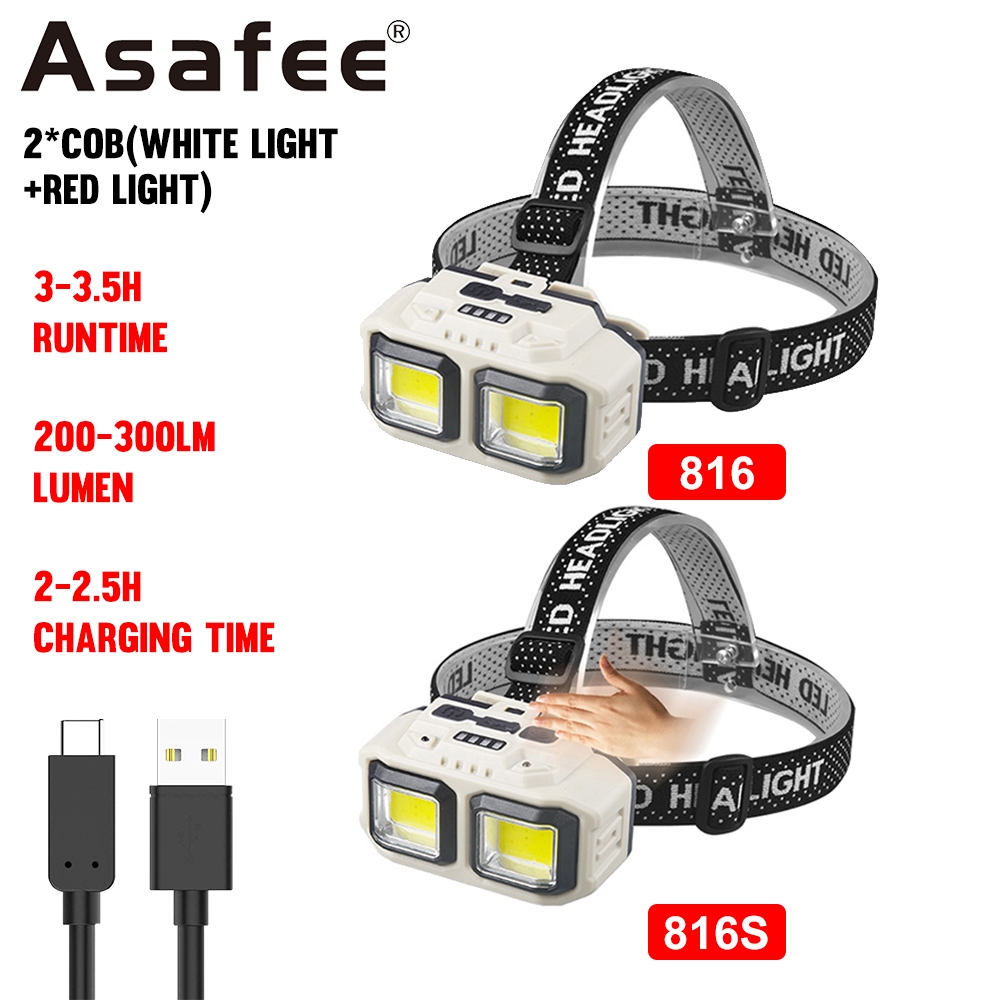 Asafee 816/816S COB 感應頭燈 300LM 大功率手動感應強光頭燈帶內置電池可充電戶外野營跑步釣魚頭燈