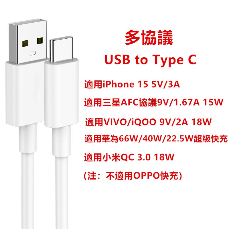 USB to Type C  數據線 充電線 多協議 適用iPhone 15 5V/3A  適用小米18W