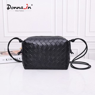 Donnain 時尚羊皮編織皮包女士斜挎小相機包優質真皮手工三角拉鍊