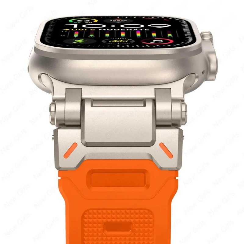 運動矽膠錶帶 不鏽鋼金屬連接器 兼容Apple Watch Ultra 49mm s9 8 7 44 45mm替換錶帶