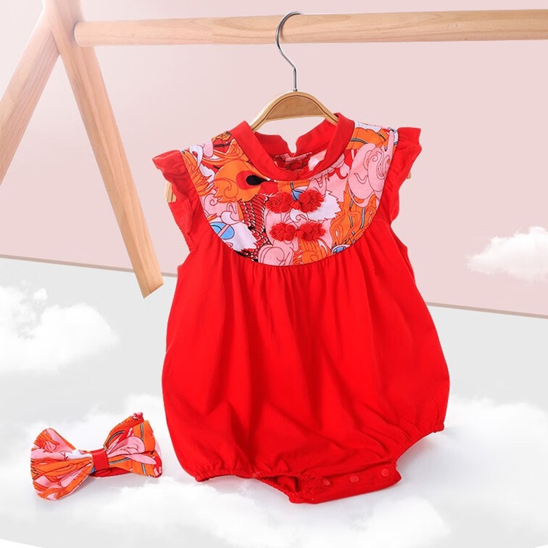 中國新年旗袍女嬰紅色連身衣嬰兒新年衣服