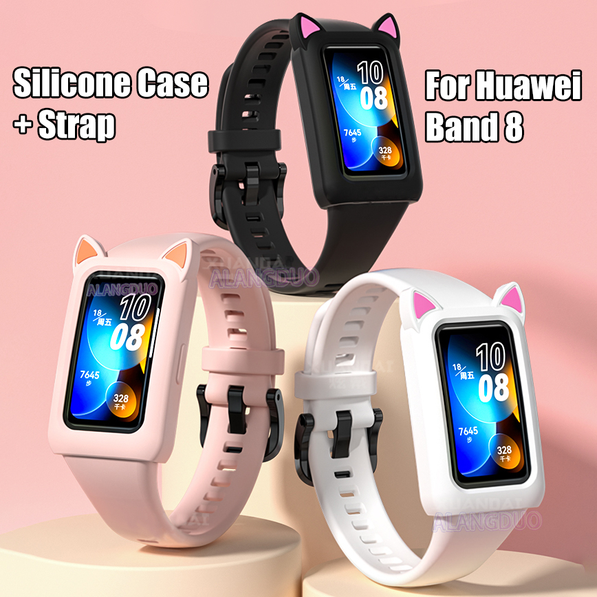 華為手環卡通外殼保護套 8 7 6 Pro 手錶 Fit2 錶帶橡膠貓耳罩保護套 Honor Band 6 7 矽膠錶帶