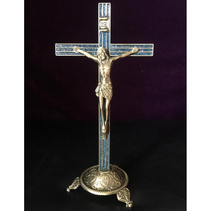 外貿精品豎紋藍沙底古典耶穌青銅十字架家居裝飾品天主教基督教