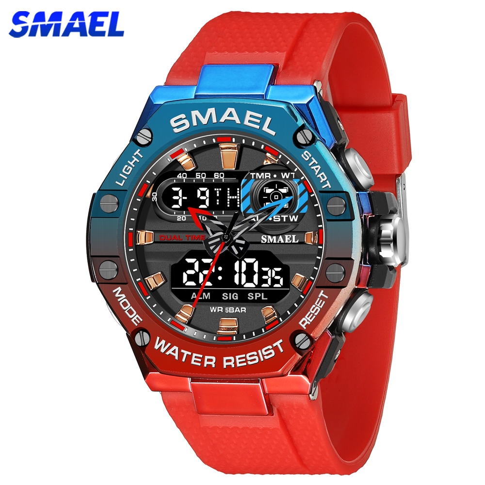 Smael 男士時尚運動手錶數字模擬雙機芯防水多色合金錶殼 LED 電子手錶男