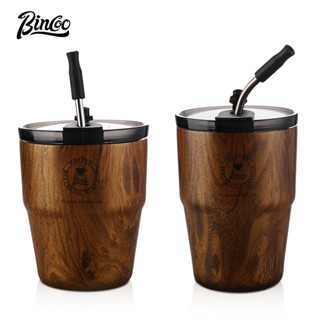 BINCOO 木紋塗層陶瓷咖啡杯 外體不銹鋼保溫杯 便攜 適用於戶外家庭辦公室 480ML/560ML