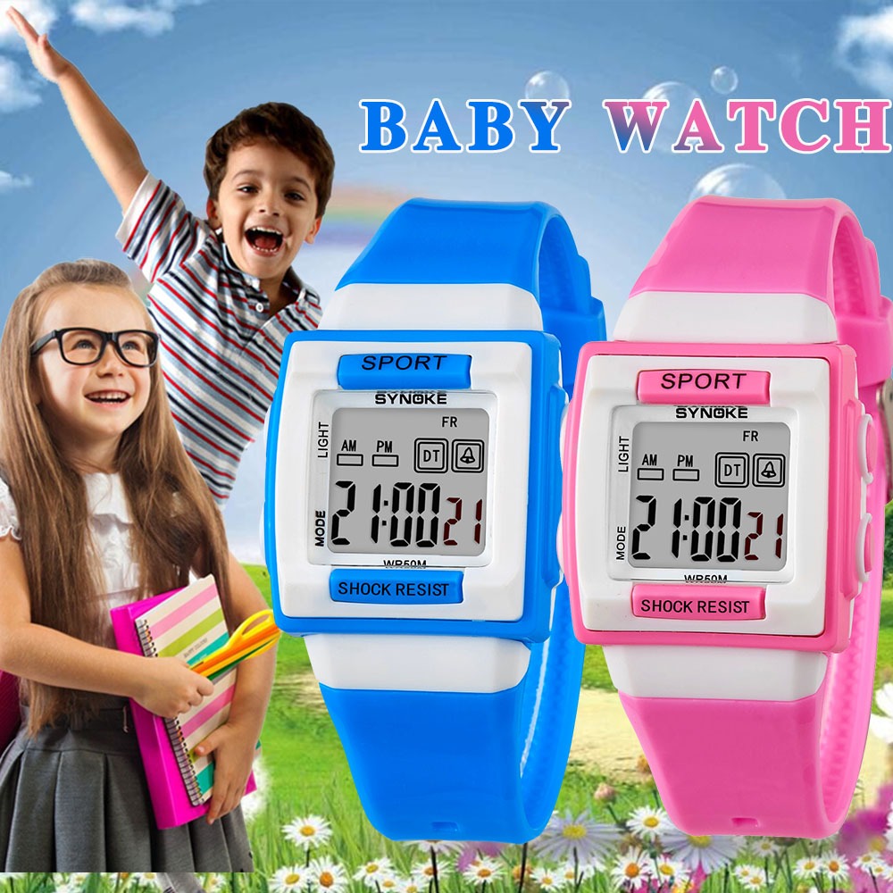 Synoke 兒童手錶方形電子表矽膠錶帶防水led數字夜光休閒手錶男女童運動手錶男童 國小 國中 電子 男孩 考試手錶