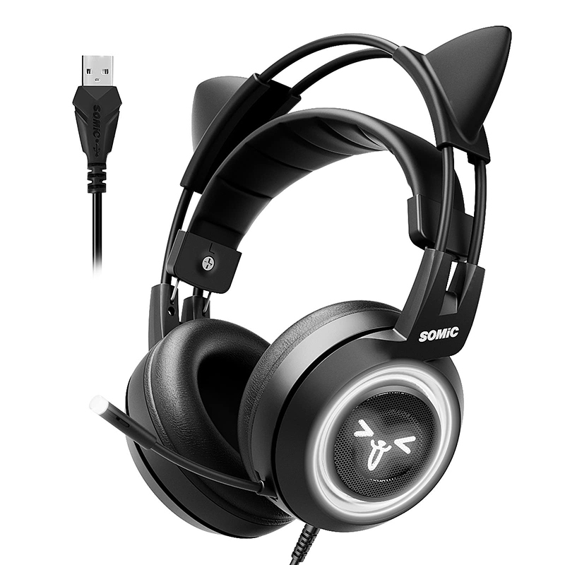 Somic G951 貓耳式耳機 PC 遊戲耳機 USB 7.1 環繞聲立體聲耳機帶麥克風 Led 燈適用於 PS4 筆