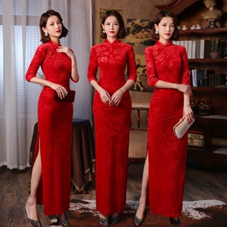 絲絨旗袍新款長袖中式傳統長款紅色女士日常晚宴婚紗
