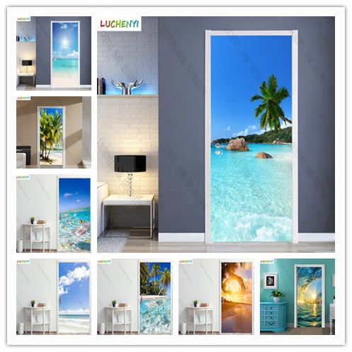 定制門貼,海邊景觀,沙灘,椰子槽,用於裝飾房屋門、浴室和臥室的海鷗