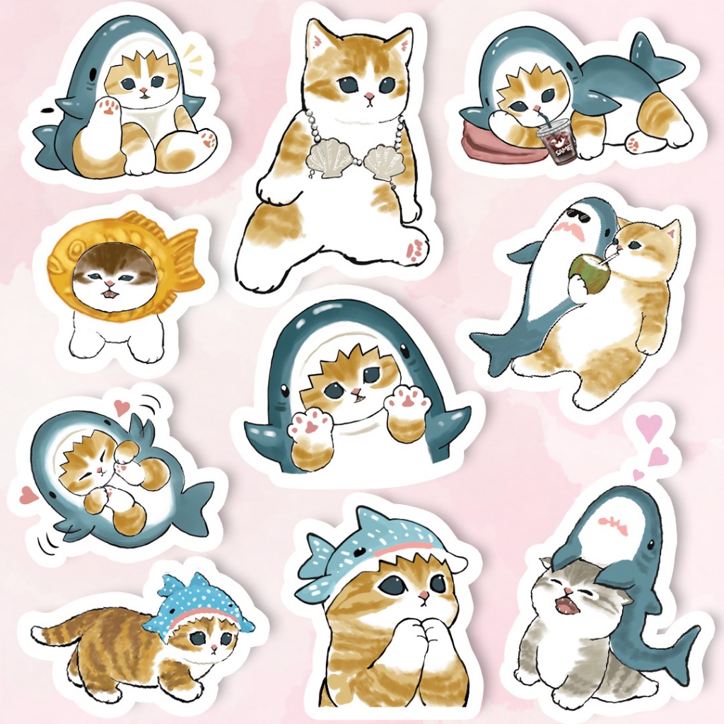 日本小貓咪貓福珊迪mofusand鯊魚貓三丽鸥可愛手帳防水筆記本手機殼行李箱貼紙