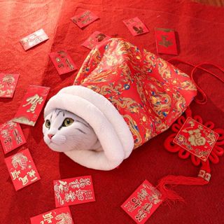 【現貨當天發】新年龍年喜慶貓咪半封閉保暖睡袋 貓咪保暖窩