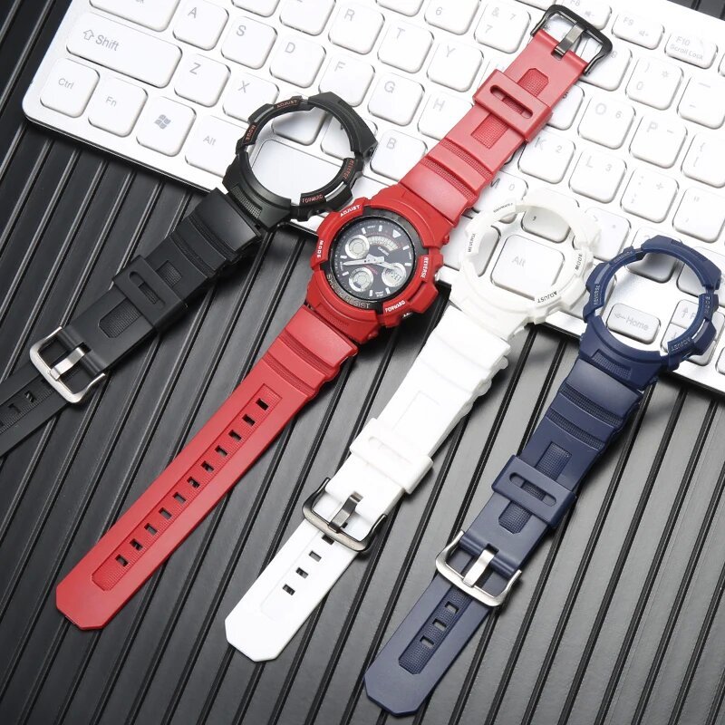 橡膠錶帶殼適用於卡西歐AW591 AW590 5230 AWG-M100 G-7700男士錶帶錶殼16mm防水樹脂表配件