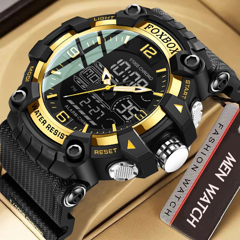 FOXBOX新款時尚數字手錶男士大錶盤雙顯示戶外運動防水夜光矽膠 LIGE男士手錶