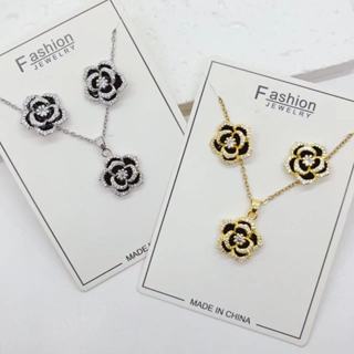 耳環項鍊兩件套裝Y02經典時尚韓國東大門in銅鍍真金玫瑰花輕奢飾品