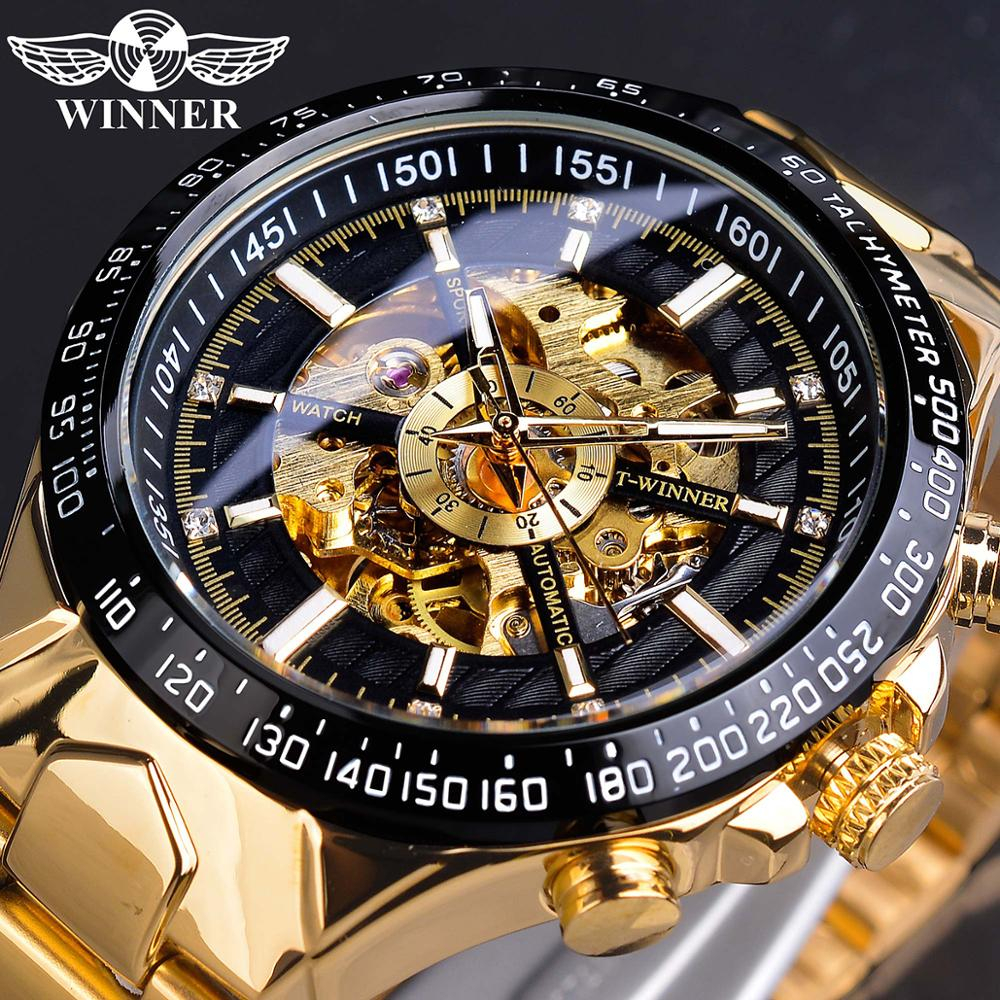 Winner手錶鑽石鏤空錶盤時尚黑金自動表不銹鋼男士商務機械表