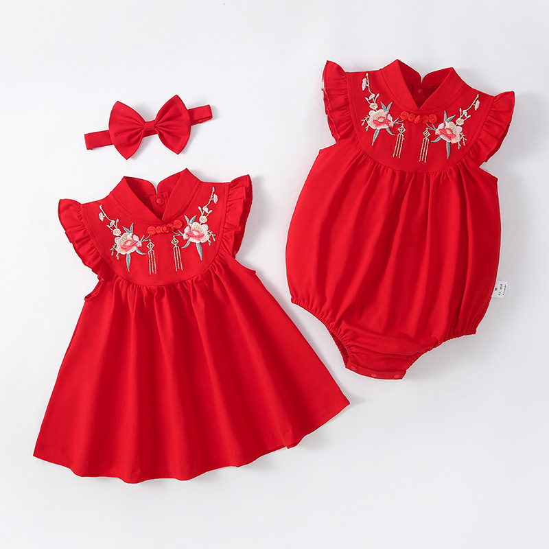 Cny新生嬰兒連身衣男女童中國新年紅色中國風旗袍