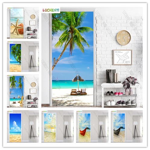 定制門貼,海邊景觀,沙灘,椰子槽,用於裝飾房屋門、浴室和臥室的海鷗