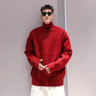 毛衣男 紅色高立領針織衫 新年寬鬆加厚保暖衣服 冬季設計感針織毛線衣