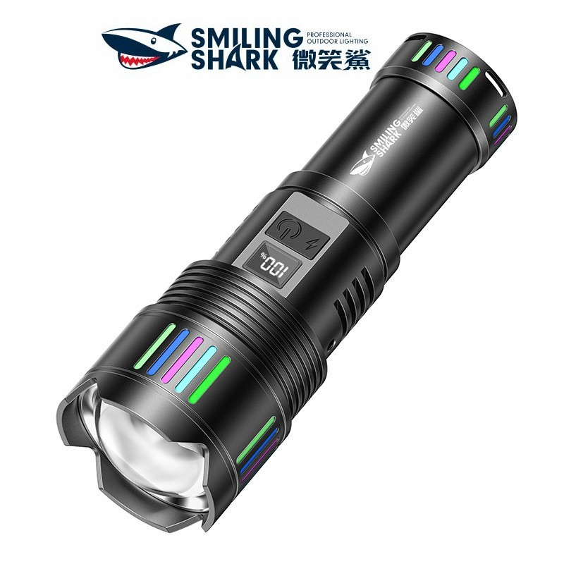微笑鯊正品 SD5980 手電筒強光 M77 超亮手電筒 18650帶電量顯示 彩色夜光Type-C充電變焦露營狩獵燈