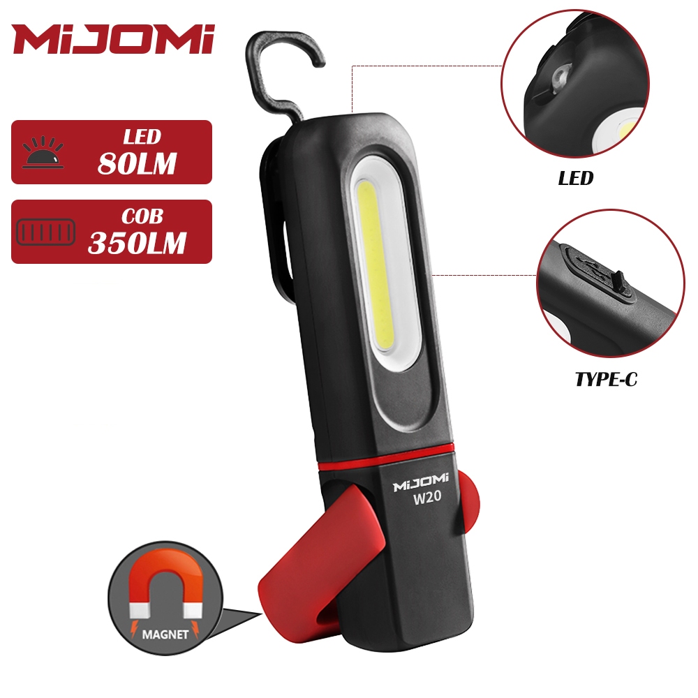 Mijomi W20 COB LED 磁性工作燈帶 C 型可充電野營燈便攜式任務檢查故障燈袖珍手電筒燈