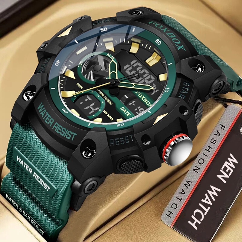 FOXBOX新款手錶男士錶盤雙顯示戶外防水運動夜光矽膠 LIGE男士數字手錶