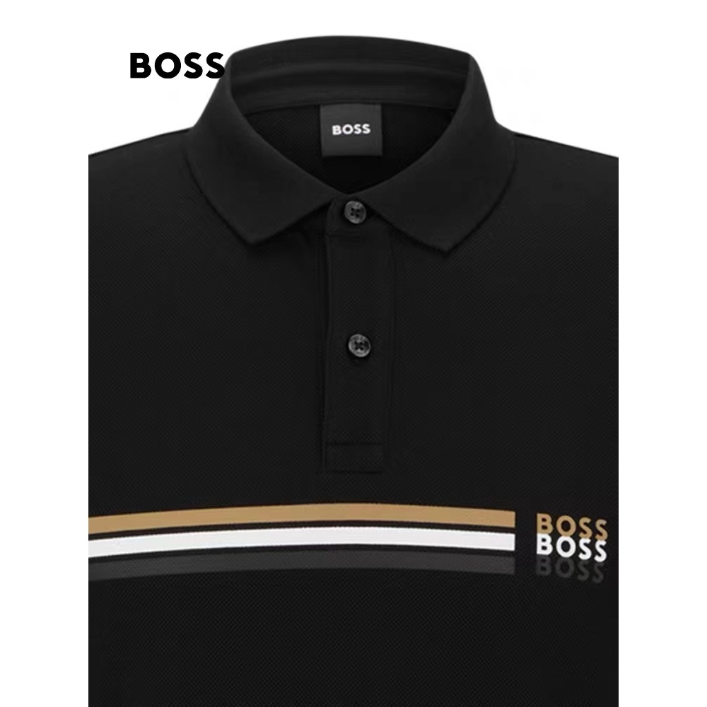 Boss 男士經典條紋和徽標透氣短袖 POLO 襯衫