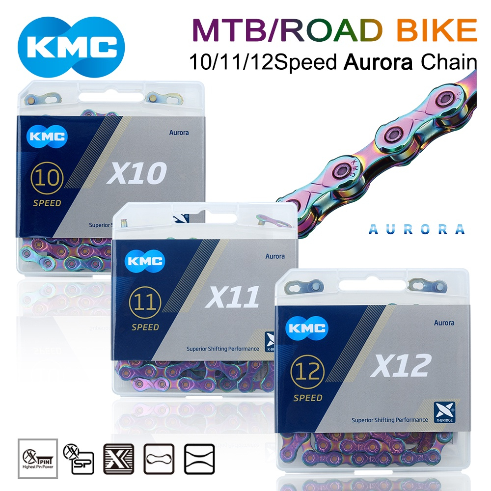 Kmc 自行車鏈條 X9 X10 X11 X12 公路 MTB 自行車鏈條 9/10/11/12 速 Aurora 彩色