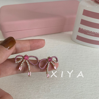 XIYA 時髦復古粉色鋯石珍珠蝴蝶結耳環 925銀針珍珠耳環