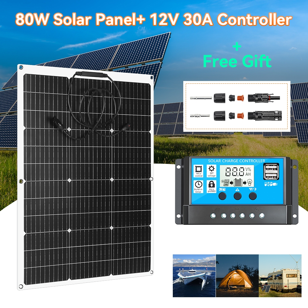 Powmr 80W 太陽能電池板柔性單晶太陽能電池 DIY 電纜防水充電電源系統,帶 PWM 30A 充電控制器 12V