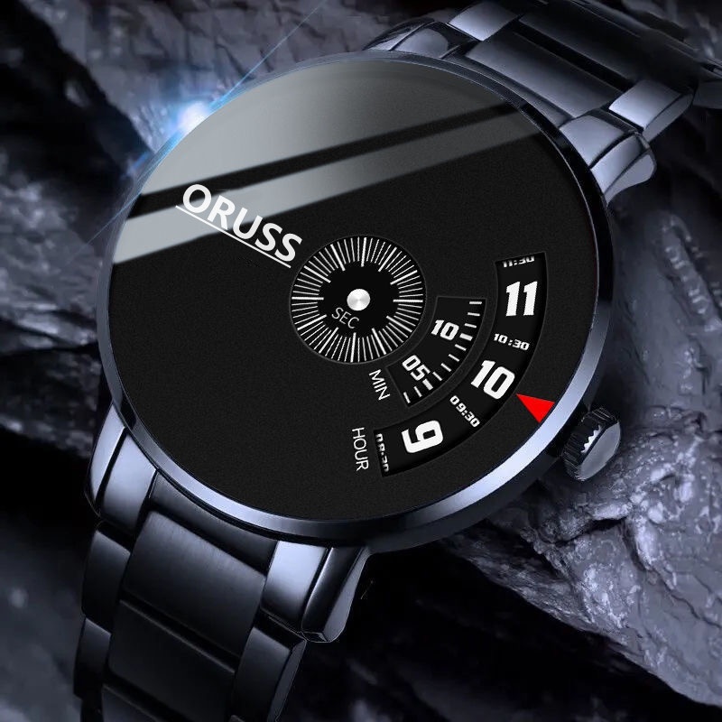 【禮品】【禮盒】ORUSS 原裝不鏽鋼/皮革豪華防水時尚黑表男士韓國發光石英自動瑞士模擬手錶男士重新設計腕錶