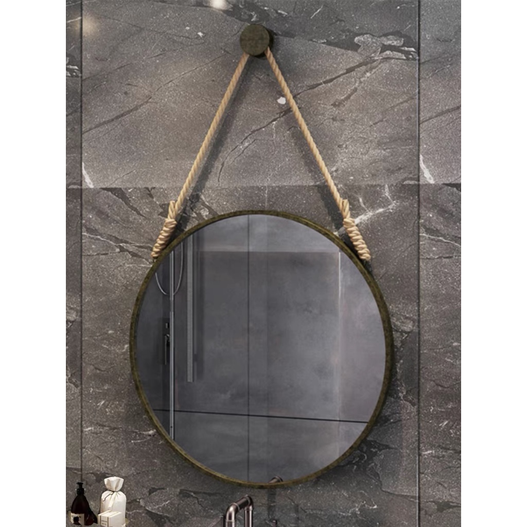 北歐鏡 浴室鏡 圓鏡 麻繩鏡 做舊鏡 創意掛鏡圓形藝術梳妝鏡壁掛麻繩裝飾鏡衛生間鏡子