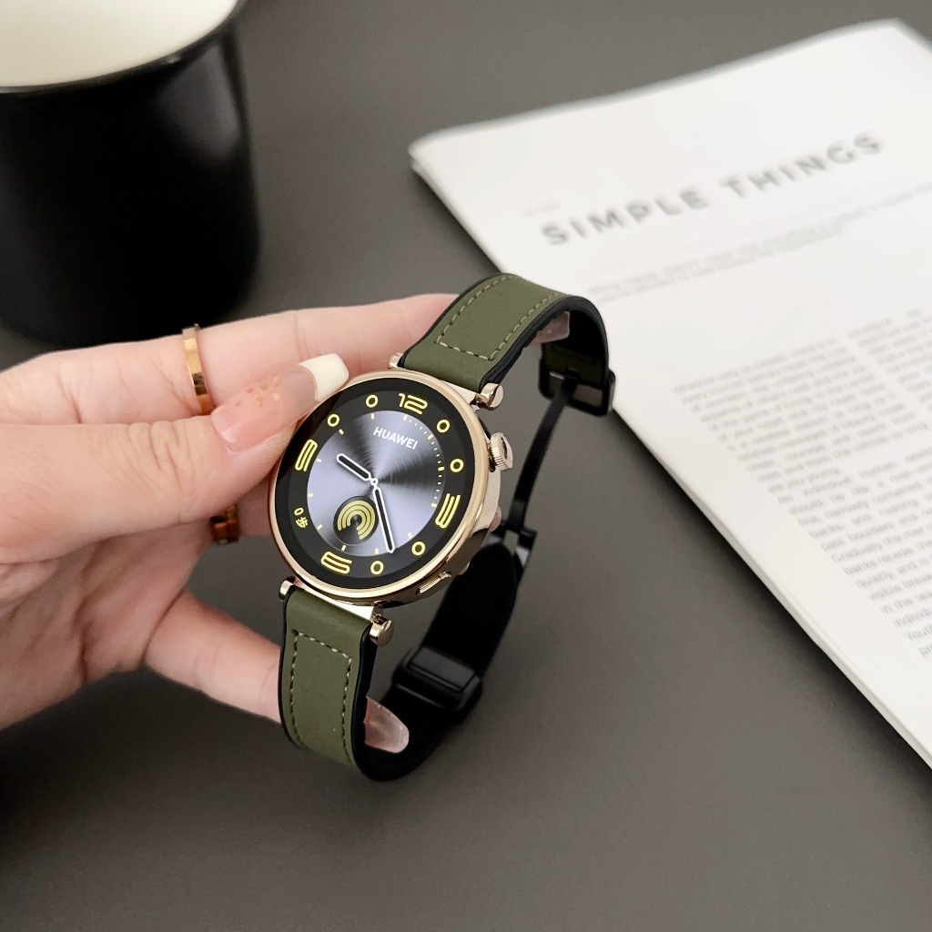 矽膠皮革錶帶 適合華為手錶GT4(41MM)gt2/gt3/gt1/pro/46mm真皮 watch3/PRO錶帶 磁吸