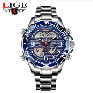 LIGE 新款手錶男士時尚日期石英手錶頂級品牌豪華時鐘計時碼表運動男士雙顯示手錶