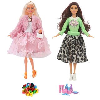 Kawaii 21 件時尚 2 娃娃連衣裙兒童玩具 10 鞋 9 迷你配件適合芭比 DIY 女孩生日