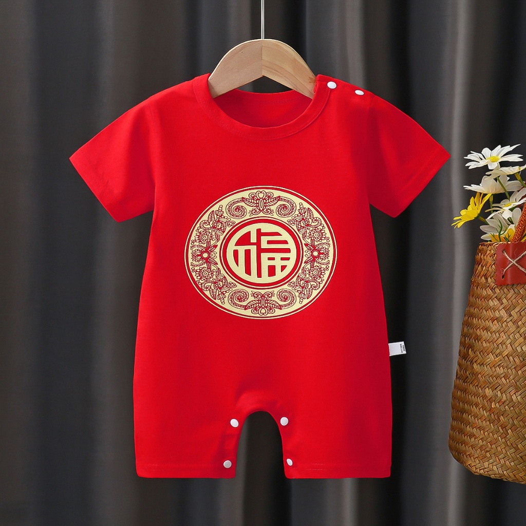 初生嬰兒連身衣男童短袖純棉新年衣服中式複古服裝
