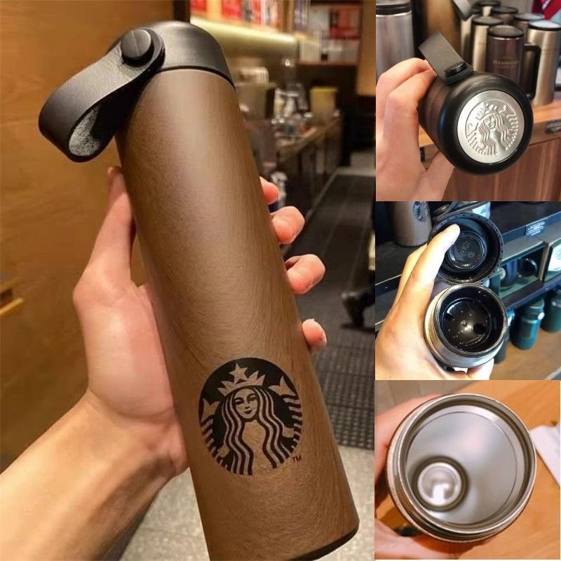 STARBUCKS 星巴克✨復古原木紋保温杯  304不銹鋼隨行杯 500ml 吊繩保溫杯 女神杯 咖啡杯 情侶杯